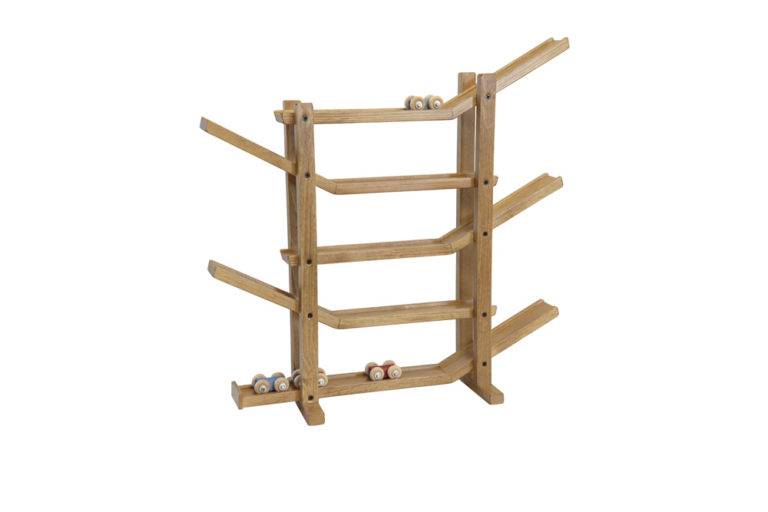 Wooden car racetrack with switchbacks
