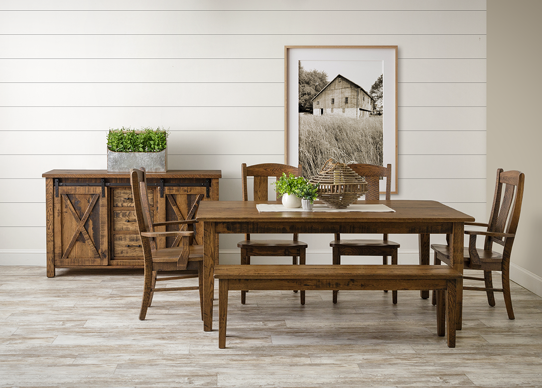 Dining room set with table, four chairs, bench, and buffet cabinet